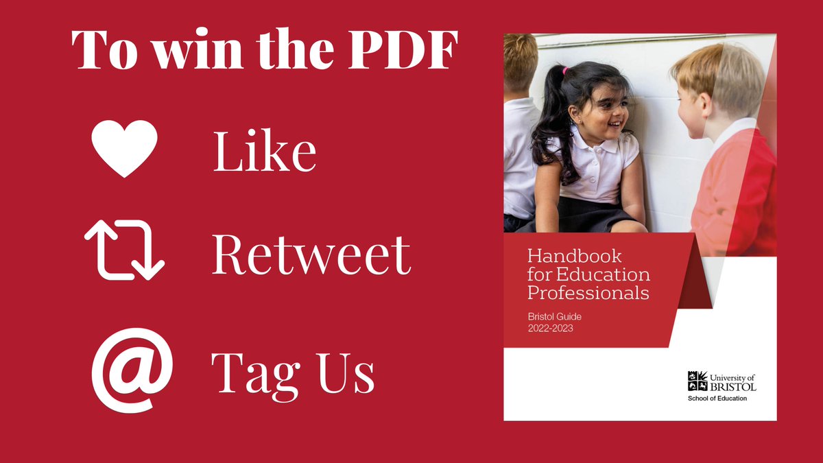 BristolUniDocs's tweet photo. Would you like a PDF of the Handbook for #Education Professionals: #BristolGuide 2022-2023 for FREE?
We are giving away a copy on Friday 23 Sept.
To be in with a chance of receiving it:
β€οΈ Like this tweet
π Retweet this tweet
π·οΈ Tag us in
Good luck!
#Teach #Teaching #ECT https://t.co/aiadynr3Im