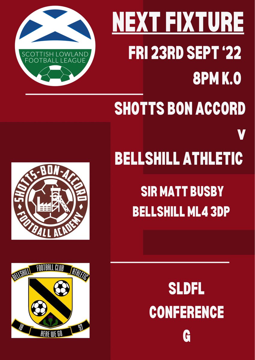 🚨This Friday we are back in league action against <a href="/bellshillu20/">Bellshill Athletic u20’s</a> 🚨

Please come along and show the boys your support 👏🏻👏🏻

⚽️ <a href="/ShottsBAu20s/">Shotts Bon Accord 20s</a> v <a href="/bellshillu20/">Bellshill Athletic u20’s</a> 
⏰ 8pm K.O
🏟 Sir Matt Busby, Bellshill
🏆 Scottish Lowlands Development Football
      League Conf G