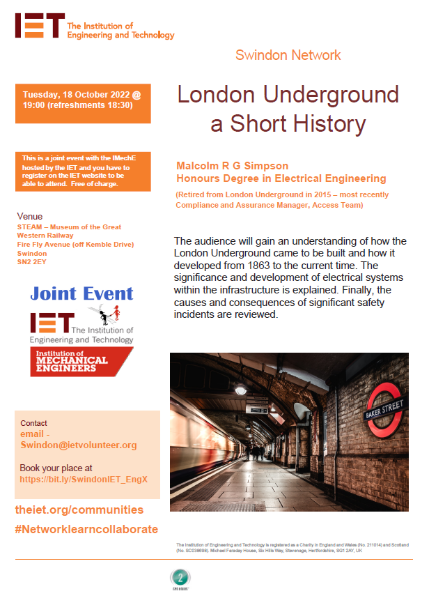 IETSWINDON's tweet photo. Join us on the 18th of October at the STEAM museum from 18:30 to hear about the London Underground! Learn how it was built and how it has developed into what it is today. 🇬🇧🚄Register at https://t.co/WF7XMi9R3O https://t.co/Ua8tyuHeLy