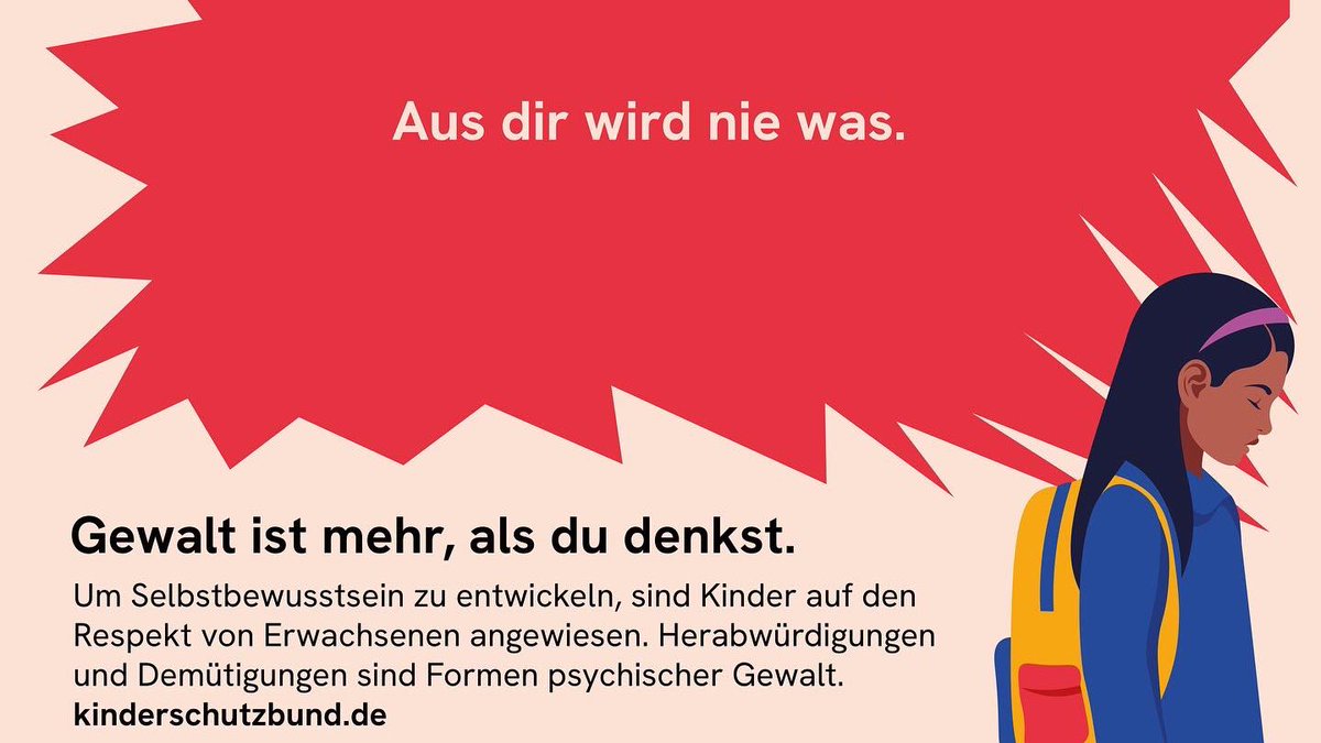 „Stell‘ dich nicht so an!“ - „Aus dir wird nie was!“ 
Psychische Gewalt an Kindern ist allgegenwärtig, kaum erforscht und häufig unsichtbar. Die neue Kampagne von <a href="/DKSB_Bund/">Kinderschutzbund Bundesverband</a> widmet sich diesem wichtigen Thema #Weltkindertag #GewaltHatVieleGesichter: dksb.de/de/artikel/det…