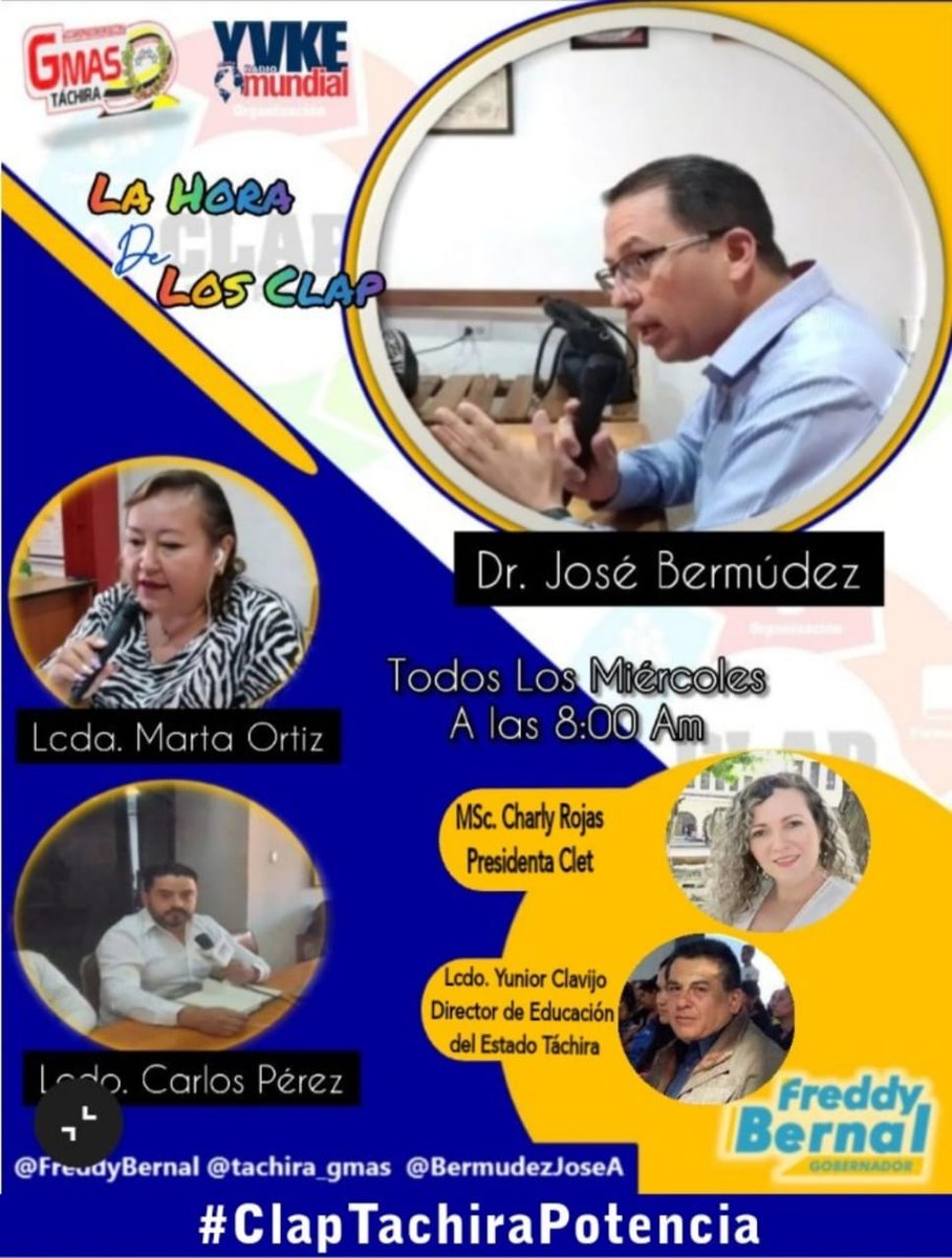 Bendecido miércoles #21Sep los esperamos en su programa "La Hora de los Clap" 8am   tendremos a la Dip. <a href="/charlychaves/">Charly Rojas Chaves</a> Presidenta del <a href="/TachiraCLET/">Consejo Legislativo del estado Táchira</a> y del Congreso de la Nueva Época y al Lcdo. <a href="/YuniorClavijoM/">CARLOS Y. CLAVIJO M.</a> Director de <a href="/DirEduTachira/">Dirección de Educación del Táchira</a> ¡Imperdible! 
#ClapTachiraPotencia