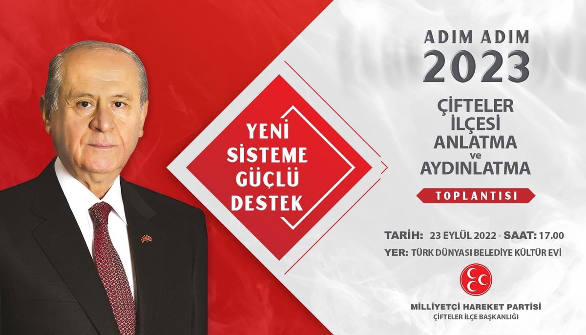Genel Başkan Yardımcımız Sayın İzzet Ulvi YÖNTER Beyefendinin katılımıyla gerçekleşecek olan "Adım Adım 2023 İlçe İlçe Anlatma ve Aydınlatma Çifteler Toplantı" Programımıza Tüm Hemşehrilerimiz Davetlidir. 

🗓️23 Eylül 2022 Cuma 
 🕟 17:00 
📌  Türk Dünyası Belediye Kültür Evi