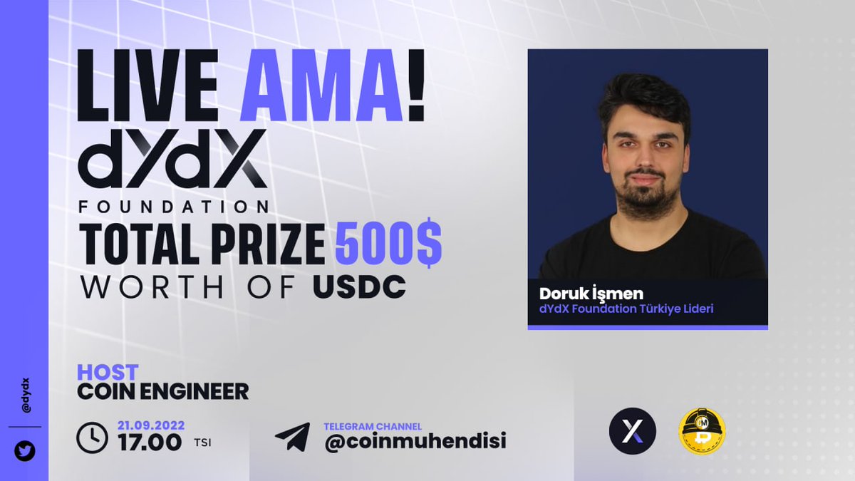 coinmuhendisi's tweet photo. 500$ Değerinde $USDC Ödüllü #dYdX ile AMA etkinliği düzenliyoruz.

AMA Tarihi : 21 Eylül 17.00 (UTC+3)

10 soru ödüllendirilecek. Twitter(5)-Telegram(5)

🔽Kurallar:

Takip Et
@coinmuhendisi
+
@dydxfoundation
+
@paramuhendisim

▶️Beğen,Retweet

▶️Soru Sor 2 Arkadaşını Etiketle✅ https://t.co/6plYaOnDzg