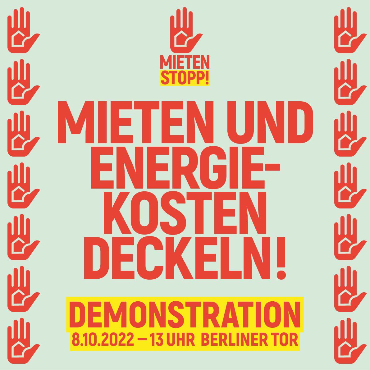 Am Sa, 08.10. alle zusammen auf die Straße!✊✋Zuerst zur "Kundgebung für eine sozial gerechte Verteilung der Krisenkosten" von <a href="/DGBHamburg/">DGB Hamburg</a> um 11.55 Uhr am Besenbinderhof 60 und dann um 13 Uhr zur <a href="/MietenstoppDE/">Mietenstopp Deutschland | 🖐🏽🏡</a>-Demo für "Mieten und Energiekosten deckeln" ab Berliner Tor. #HH0810
