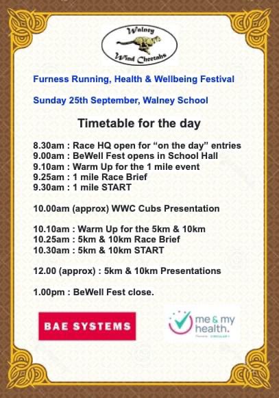 WWCheetahs's tweet photo. 5 Days to go til the Furness 5km/10km BeWell Fest! ONLINE ENTRIES ARE NOW CLOSED.

But don't despair, you can still enter On The Day 9am at Race HQ. Payment by Cash/Card.

Timetable of the day's events as well as sneak peek of the medal you’ll get for finishing below. #ukrunchat https://t.co/pqXValZbr1