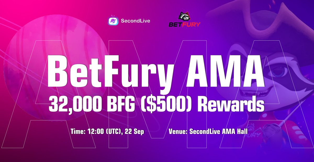 SecondLiveReal's tweet photo. @betfury_gaming will hold its #AMA on #SecondLive!

🎁 32,000 $BFG ($500) for 10 Qs!
🧧$BEAN will be #givenaway in the Lucky Draw.
⏰ 12:00 (UTC), 22 Sep
📍SecondLive AMA Hall

👉How to join?
✅Log in #SecondLive &amp; enter the AMA Hall
✅Ask your Q to win the Reward! https://t.co/Y4fnJ40Faa