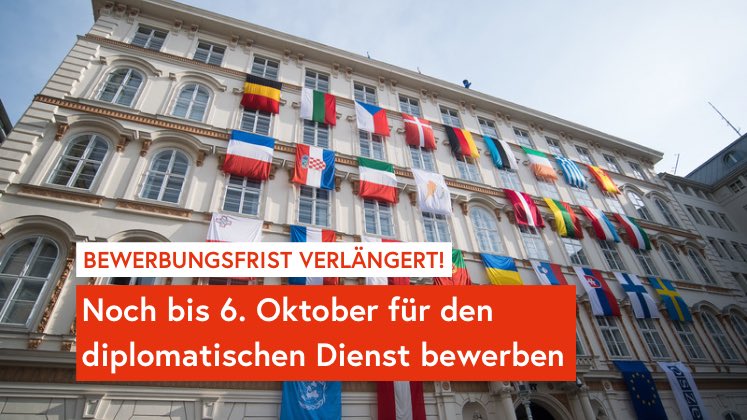 MFA_Austria's tweet photo. Jetzt für eine spannende und abwechslungsreiche Karriere im diplomatischen Dienst bewerben!
Für alle, die noch etwas mehr Zeit für die Bewerbung brauchen, wurde die Bewerbungsfrist bis 6. Oktober verlängert. Hier klicken und Teil des #TeamBMEIA werden ➡️ https://t.co/uTQxMvmrP1 https://t.co/3K0OaEz2re