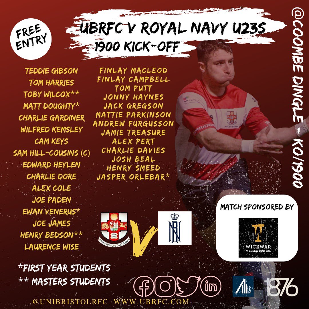 🏉 Your UBRFC squad to play Royal Navy Under 23s tonight! 

🏟 Coombe Dingle - 1900 - Free Entry

Sponsored by @wickwarbrewingco 🍺 

🤞 Go well lads!

#nextgenrugby #studentrugby #wearebristol #bristolrugby #brisotlbears #student #universityrugby #royalnavy #bucsrugby