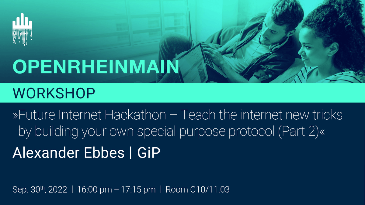 openrheinmain's tweet photo. Don't miss Alexander Ebbes' Workshop "Future Internet Hackathon - Teach the internet new tricks by building your own special purpose protocol (Part 1 &amp; 2)". And don't forget to bring your laptop! Get your tickets and see the whole agenda here: 🌐 https://t.co/tqJnkmNUAr #ORM2022 https://t.co/C6CzyQ0pHY