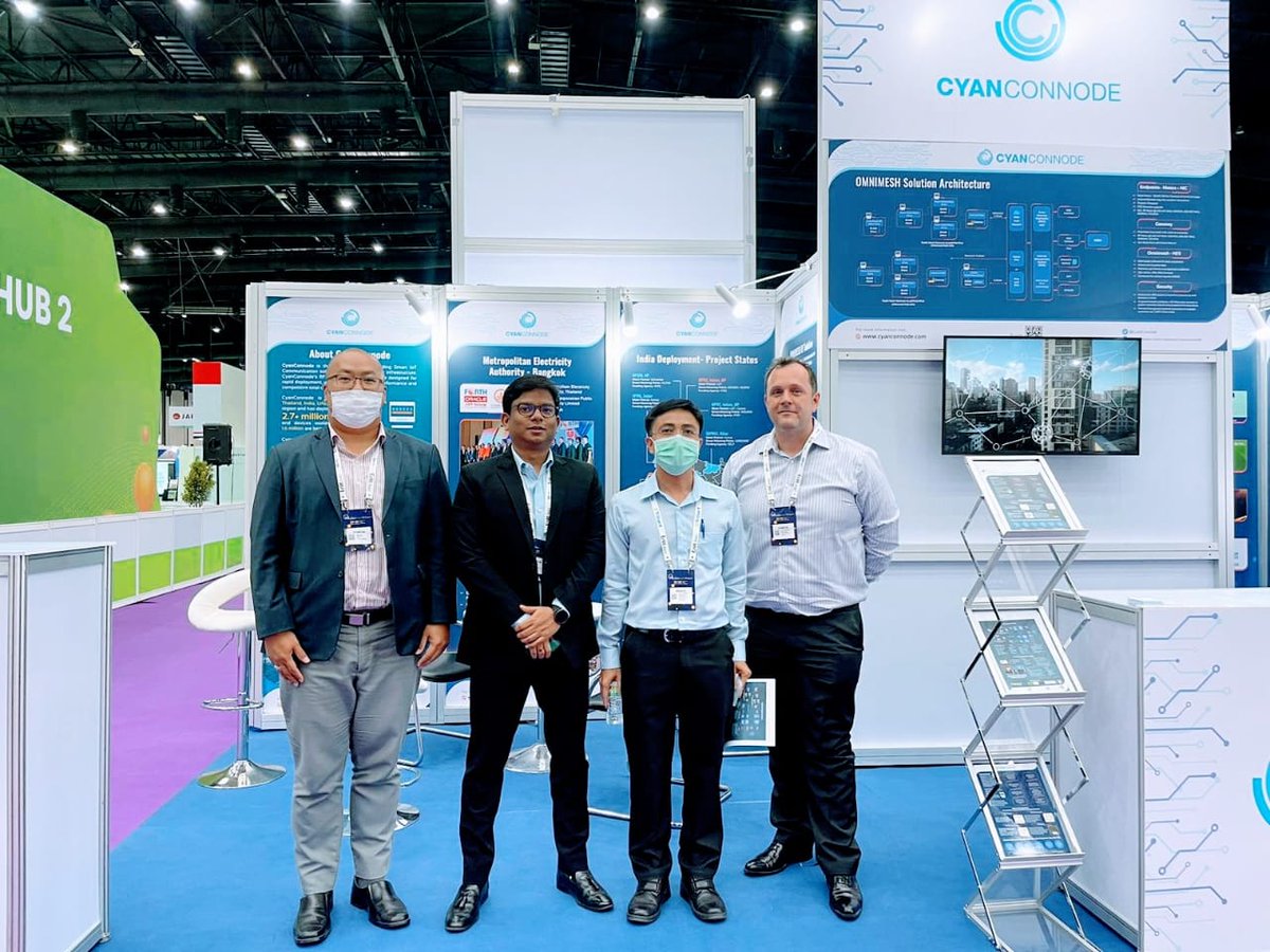 CyanConnode_Ind's tweet photo. .@MEA_news officials visited @CyanConnode's booth (628) in @Enlit_Asia. CyanConnode is the preferred #AMI communication partner for MEA Smart Metro Grid Project. The deployment involves 240K metering points across the city of Bangkok, #Thailand.
#EnlitAsia2022 #AsianUtilityWeek https://t.co/fpC9J8nEVj