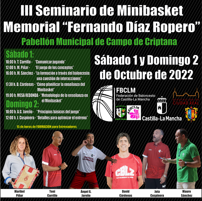 Formación FBCLM📚| 🚨Campo de Criptana acogerá el 1 y 2 de octubre el III Seminario de Minibasket Memorial "Fernando Díaz Ropero".
✍️INSCRIPCIONES-PONENCIAS👇👇
📰 fbclm.net/dinamico/enlac…
#PasionXBasketCLM @Ayto_Criptana <a href="/BCriptana/">Baloncesto Criptana</a> <a href="/deportesclm/">Deportes Castilla-La Mancha</a> <a href="/DiputacionCR/">Diputación de C.Real</a> <a href="/AebclmInfo/">AEBCLM</a> <a href="/uclm_es/">Universidad de Castilla-La Mancha</a>