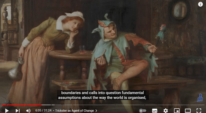 The Psychology of The Trickster
132,323 views  16 Sept 2022  There is perhaps no figure in literature more fascinating than the trickster, appearing in various forms in the folklore of many cultures. Trickster is witty and deceitful. He is the timeless root of all the picaresque creations of world literature, and is not reducible to one single literary entity. Trickster tales have existed since ancient times, and has been said to be at the very foundation of civilisation and culture. They belong to the oldest expressions of mankind. 

Tricksters are the breakers of rules, agents of mischief, masters of deceit, and boundary crossers. He is an agent of change, and is amoral, not immoral.

Trickster is at one and the same time creator and destroyer, giver and negator, he who dupes and who is always duped himself. 

Psychologically, the trickster is an archetype, part of the collective unconscious. Trickster is everywhere, he is an eternal state of mind. 

The integration of the trickster 