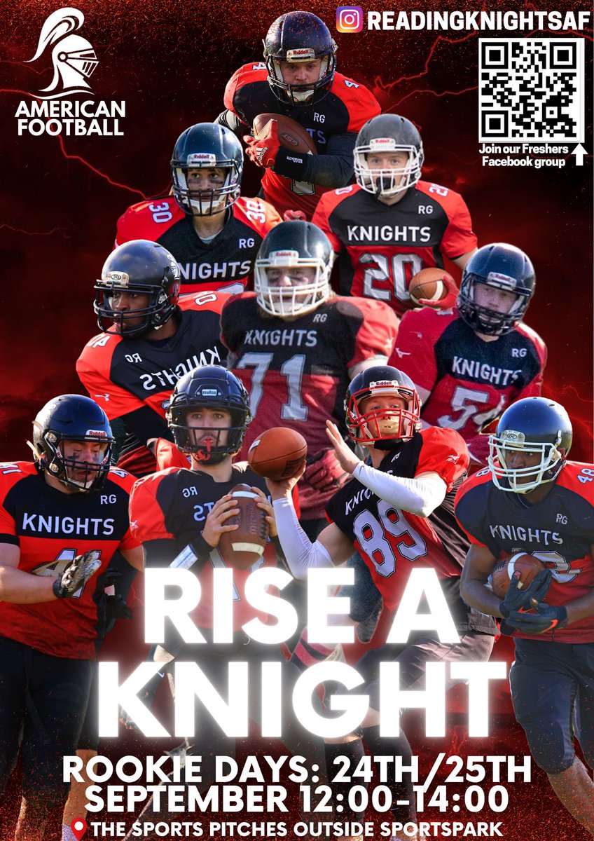 🚨ATTENTION ALL FRESHERS AND RETURNERS🚨
Want to play for the team? Or see what the sport is about? Come down to the sports pitches this weekend and give it a go, no experience necessary, just bring boots,some water and spends for park bar after. See you there!
#RiseAKnight