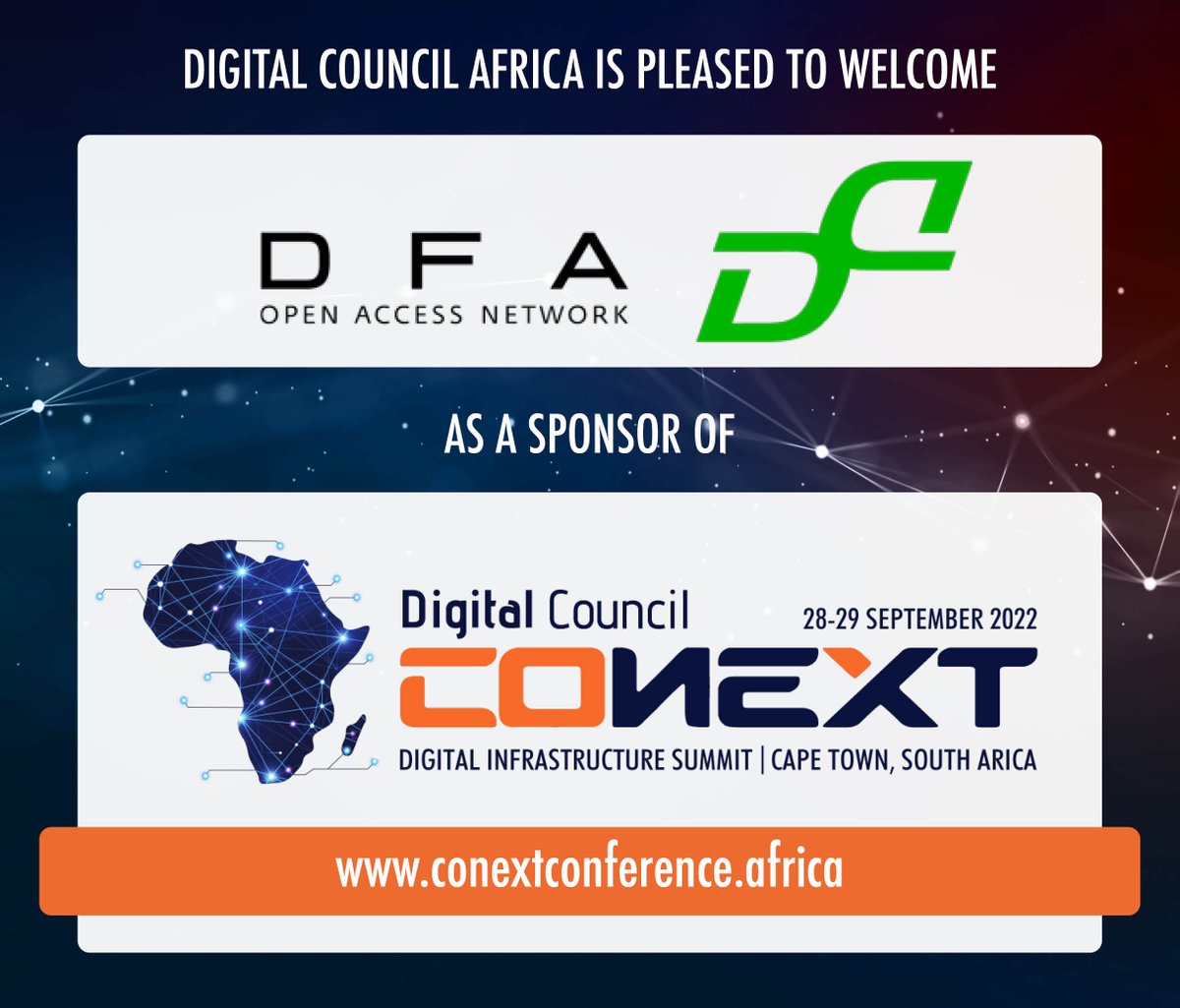 DarkFibreAfrica's tweet photo. We are proud to be sponsoring The Digital Council Africa to their #Conext2022.
#DFA #Fibre #OpenAccess #HighSpeedConnection https://t.co/iaABBLxrJF