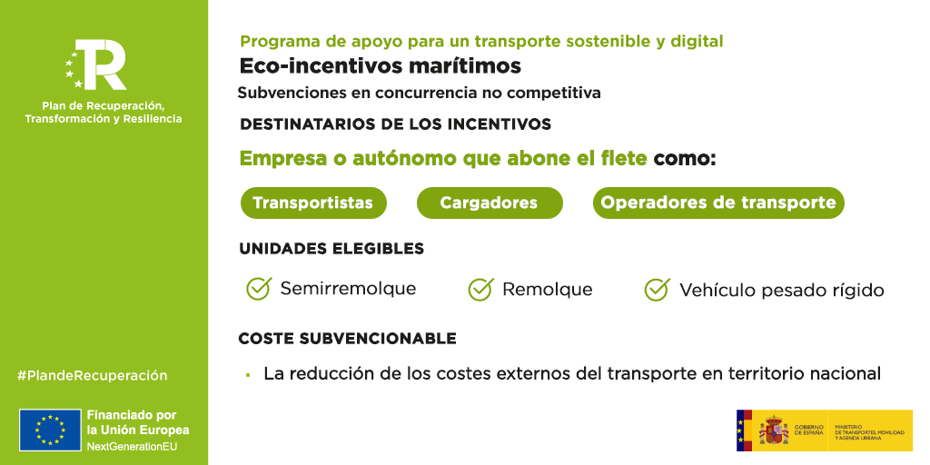 Ya está abierta la 1ª convocatoria de ayudas del programa de Eco-incentivos marítimos del #PlandeRecuperación. ✔️¿Qué buscamos? Impulsar el transporte multimodal, reducir emisiones y mejorar las condiciones laborales de los transportistas. ➕#info 👉bit.ly/3dtF0BI