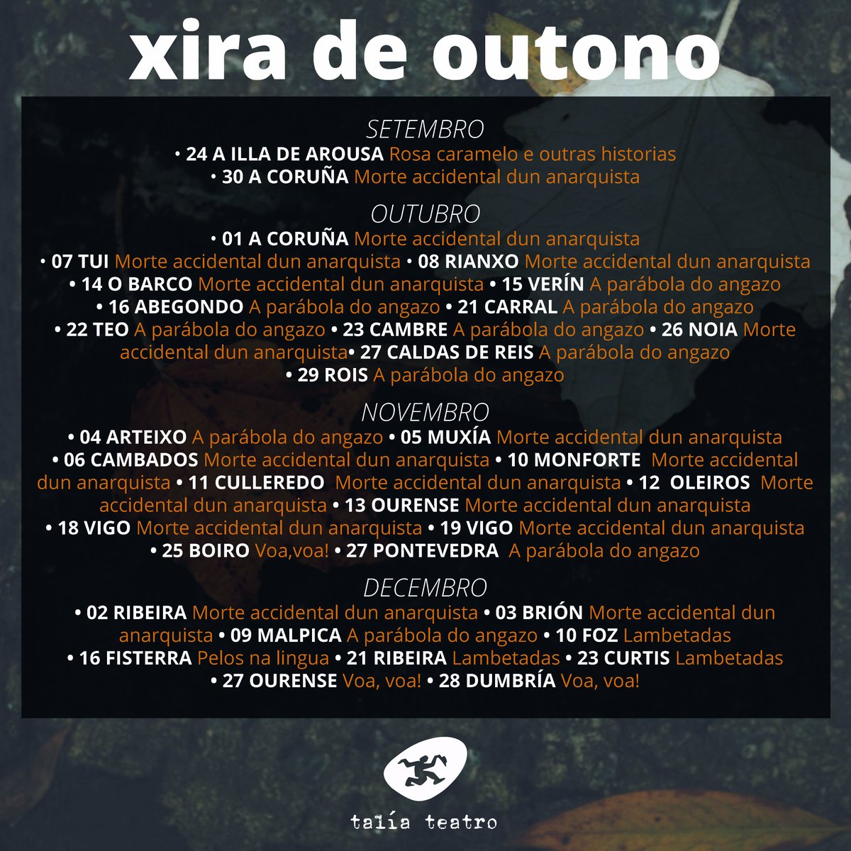 taliateatro's tweet photo. Comeza o outono e parece ser que vai ser quente, polo menos para nós!
Máis información en https://t.co/7CYnx57tlO https://t.co/13IJVJ52eb