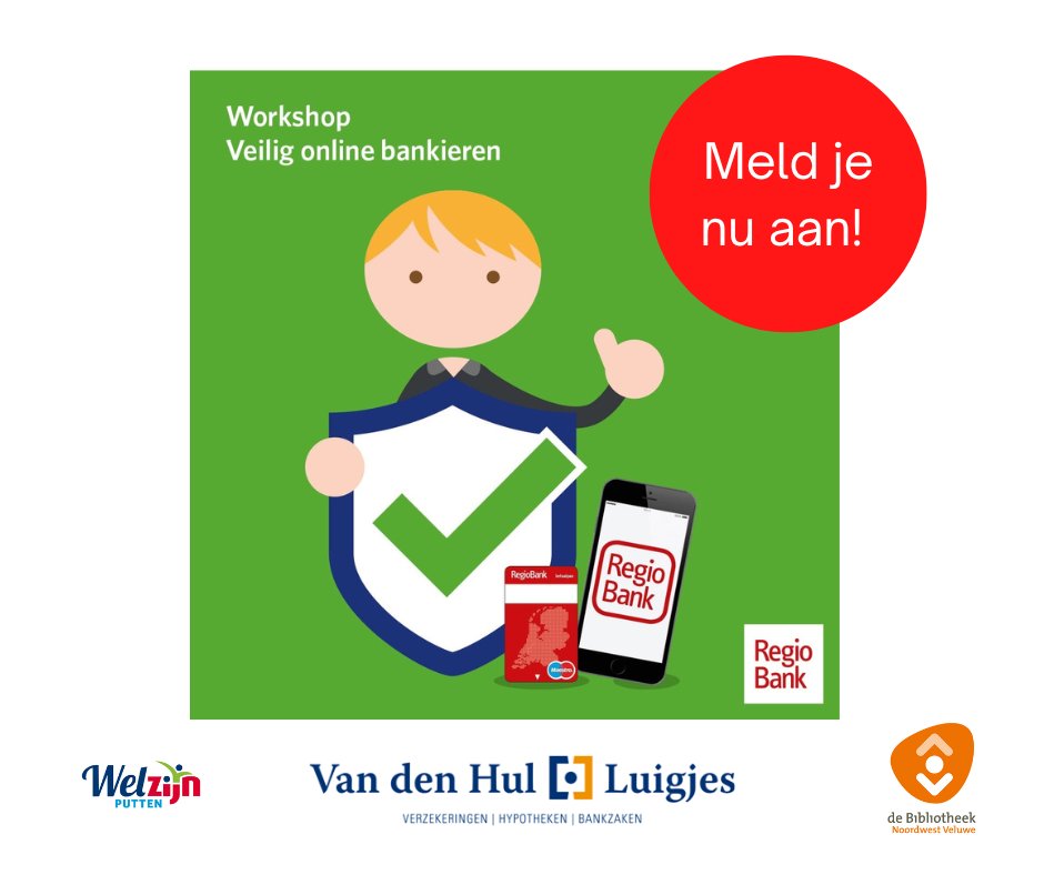 Meld je nu aan voor onze gratis workshop "Veilig internet bankieren" op 3 oktober van 10.00-11.30 of 4 oktober van 19.30-21.00 uur in de @BiebNWVeluwe in Putten. Aanmelden kan in de bieb Putten of bij de RegioBank in de Kelnarijstraat in Putten #veiligonline #digivaardig