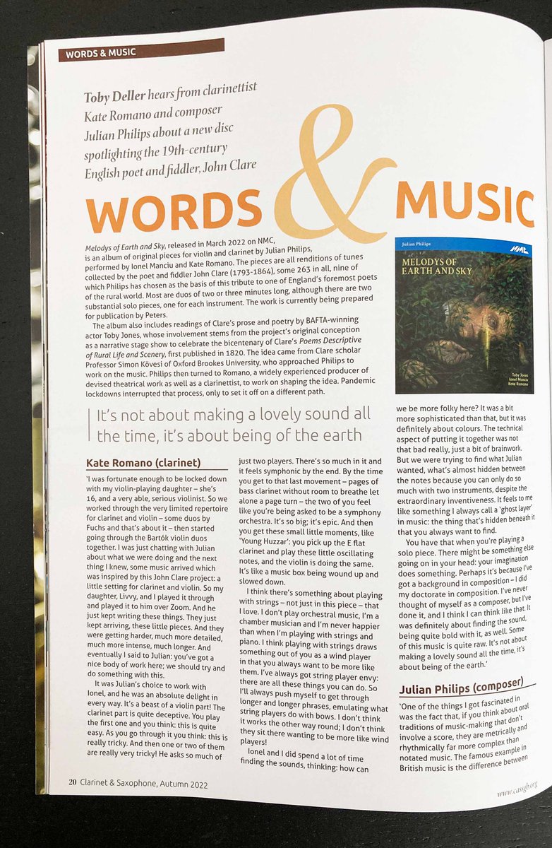 nmcrecordings's tweet photo. What a lovely 2-page feature in this month's Clarinet &amp; Saxophone magazine (@CASSGB) about @julianmphilips' album 'Melodys of Earth and Sky'!

Detailed interviews with Julian &amp; clarinettist @KateRomano2 about the unusual instrumentation on the album, and words by @TobyDeller 🍃🌳 https://t.co/J3N42G6du2