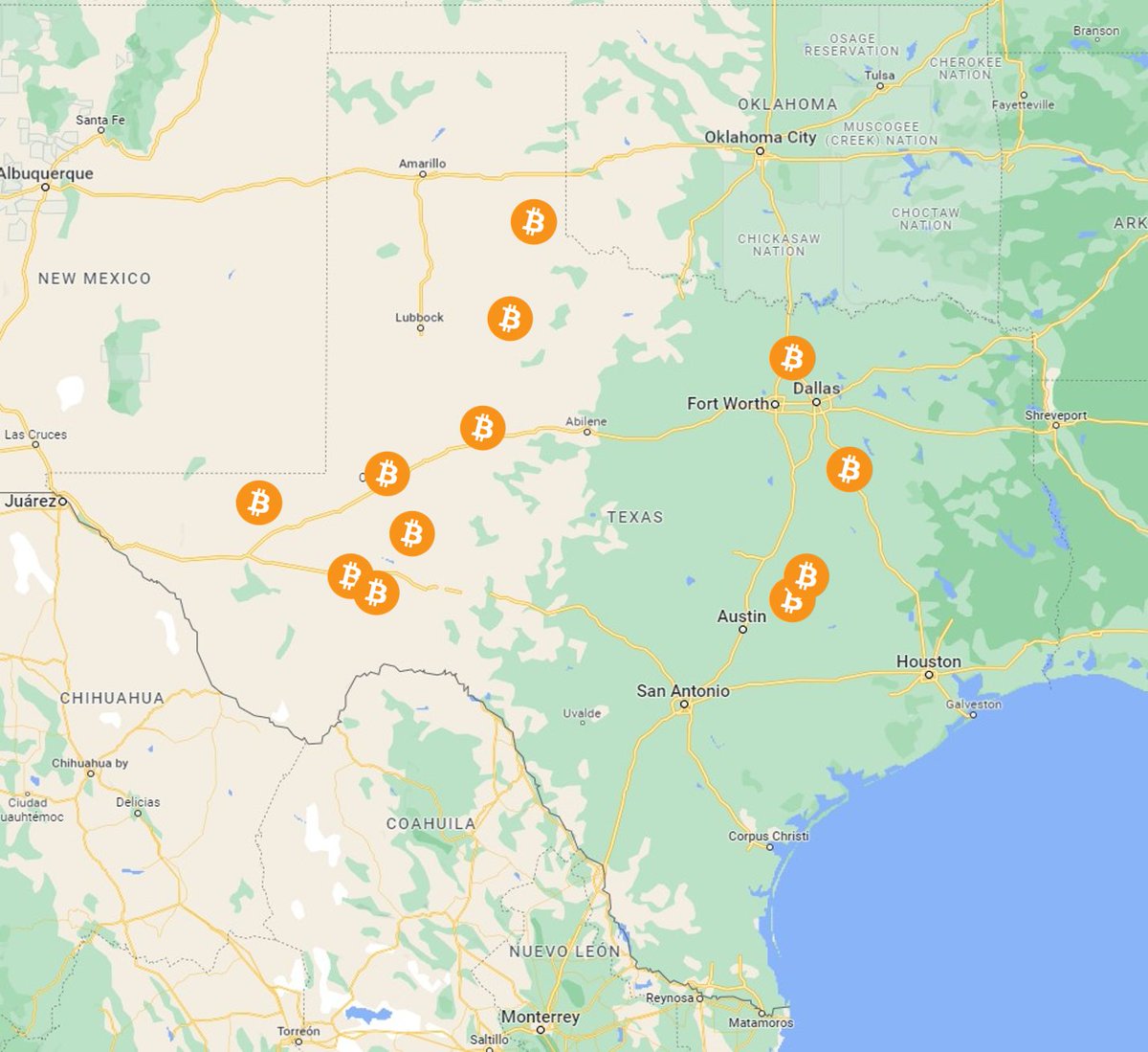 A map of #Bitcoin mining facilities in Texas. Most of them are located in  the western part of the state, where they monetize previously stranded wind  and solar energy.
