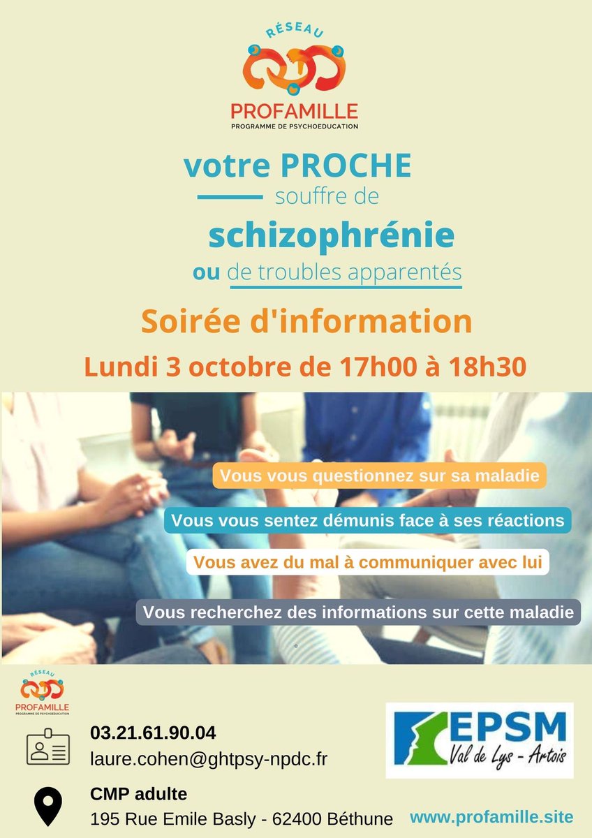GHTPsy_NPdC's tweet photo. [#psychoéducation #santementale #famille #proches #profamille #schizophrénie #Unafam #EPSM_VDLA]

Le CMP de Béthune, dans le cadre du réseau Profamille  vous propose une soirée d'information le lundi 3 octobre 2022 - de 17h à 18h30 https://t.co/blXlvJVVVS