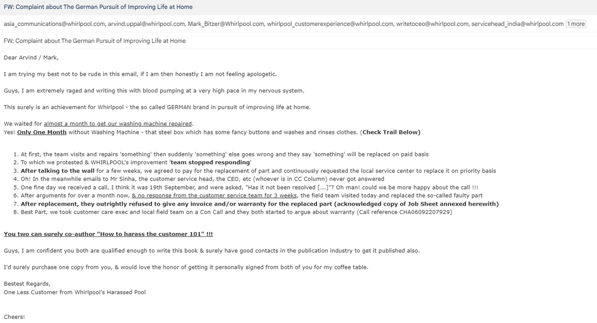 anshubathla's tweet photo. @WhirlpoolCorp @WhirlpoolCare @WhirlpoolNation #Whirlpool @whirlpool_india @india_whirlpool @jagograhakjago @PIB_India @MIB_India 

Mark Bitzer, Arvind Uppal, Sanjay Mukherjee, Pinaki Haldar, Vishal Bhola, read my email if you get tym frm bsy schedule of harassing customers!! https://t.co/hcJtpPBH3j