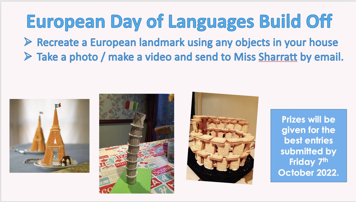 PrescotSchool's tweet photo. Another #Competition for the #Europeandayoflanguages. Create a European landmark to enter our #BuildOff competition. Closes Fri 7th October. Good Luck! 🏰 https://t.co/wSjNu2nmWK