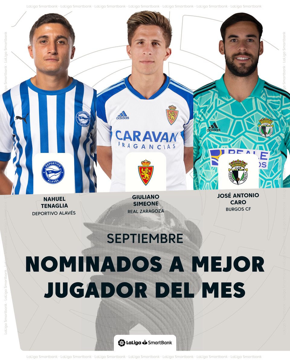LaLiga's tweet photo. 🌟 @NahuelTenaglia
🌟 @simeonegiuliano 
🌟 @Jose13Caro 

🤔​🏆 ¿Quién será el 'Mejor Jugador del Mes' de septiembre en #LaLigaSmartBank? https://t.co/YPvGkEcS2b