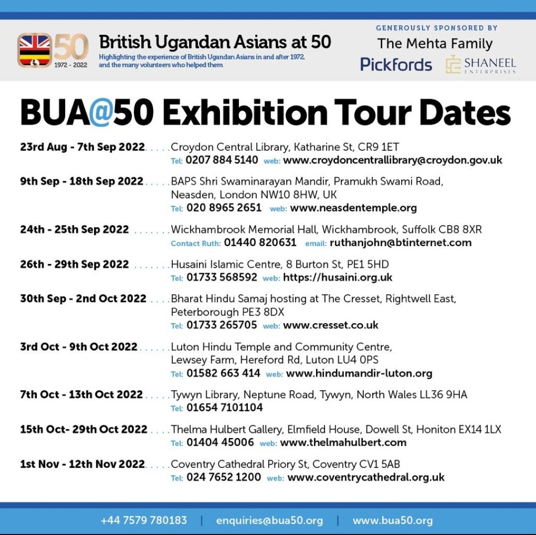 This weekend, our touring exhibition moves to Wickhambrook Memorial Hall in Suffolk, a few miles from the former site of Stradishall Resettlement Camp, temporary home for many Ugandan Asian refugees in 1972 and 1973. Check the flyer for more dates and venues this year.