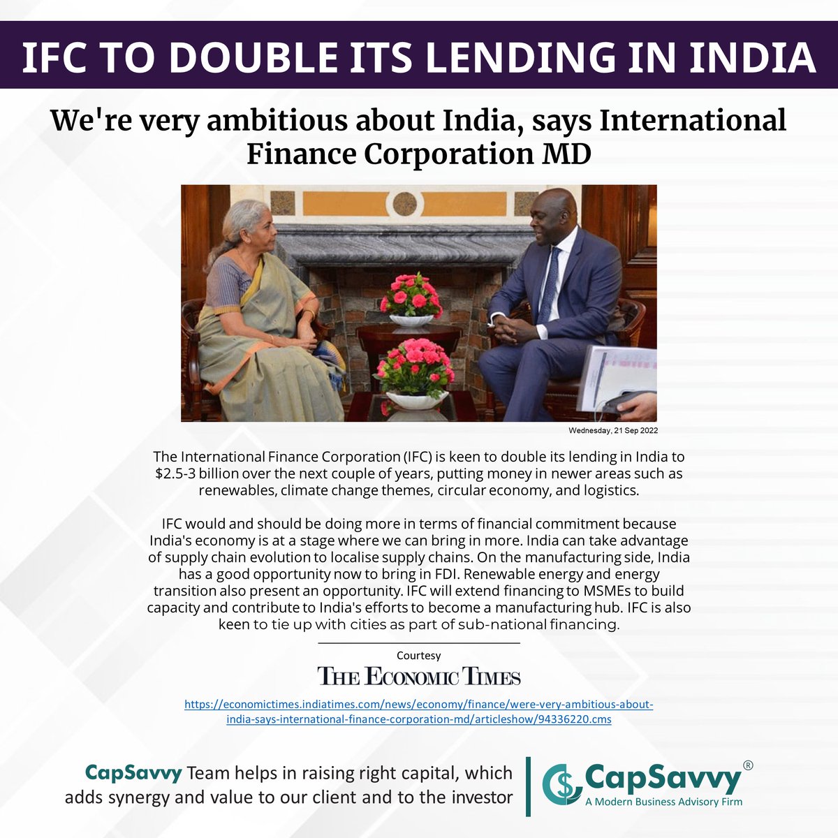 IFC TO DOUBLE ITS LENDING IN INDIA
We're very ambitious about India, says International Finance Corporation MD

Courtesy
The Economic Times
lnkd.in/dCXwEC6r

#businessnews #IFC #Logistics #MSMEs #financialadvisor #businessadvisor #capsavvy #anilbgoyal #caanilgoyal