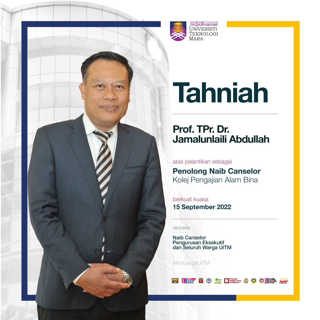 [𝐏𝐞𝐦𝐚𝐤𝐥𝐮𝐦𝐚𝐧] Tahniah diucapkan kepada YBhg. Prof. TPr. Dr. Jamalunlaili Abdullah atas pelantikan sebagai Penolong Naib Canselor Kolej Pengajian Alam Bina. 

Selamat menjalankan tugas dan amanah Prof!

#KeluargaUiTM
#UiTMDihatiku
#kolejpengajianalambinauitm