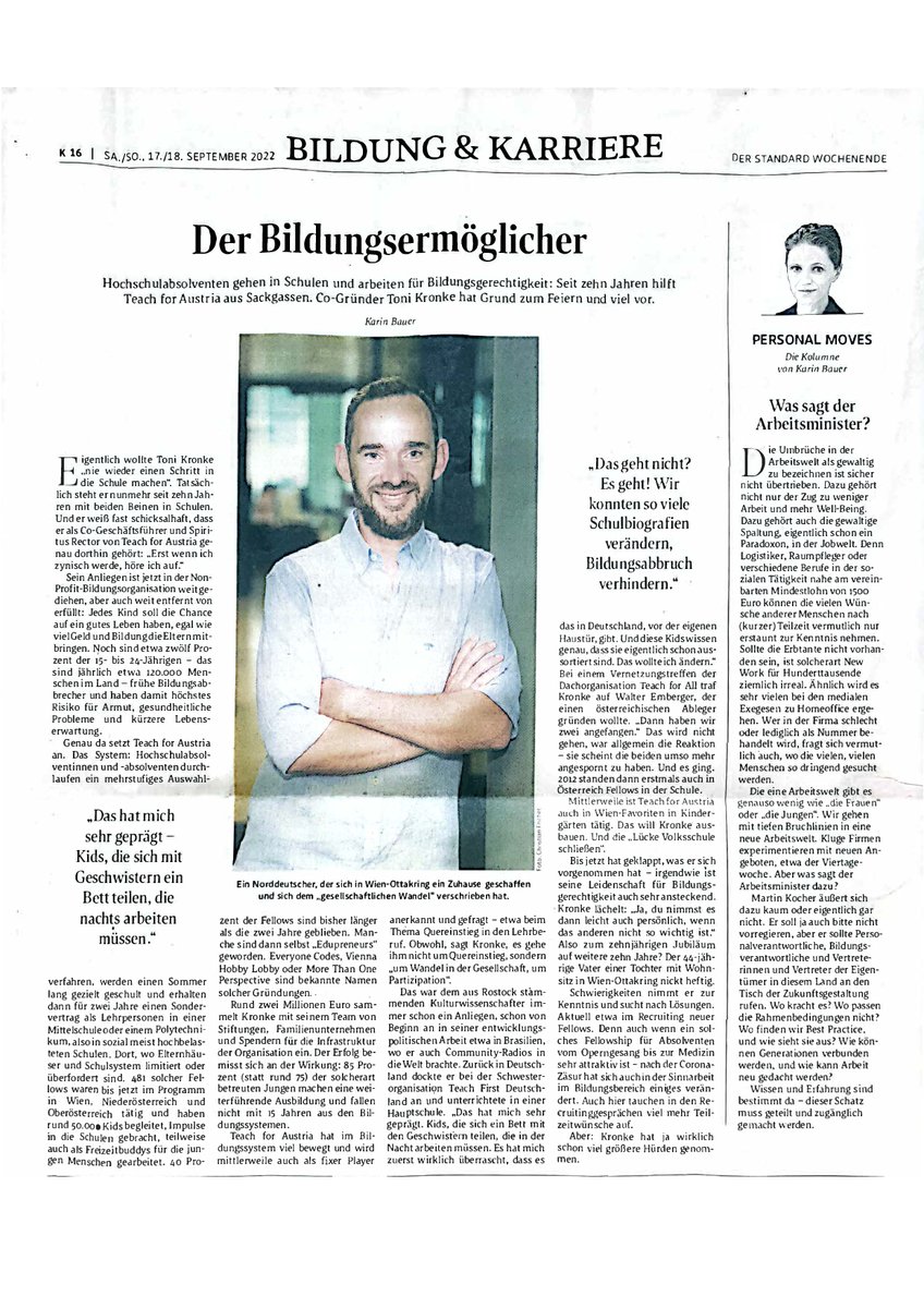 TeachForAustria's tweet photo. 120.000 Menschen zwischen 15 und 24 Jahren brechen jährlich ihre Bildung ab. Frühe Bildungsabrecher*innen haben ein hohes Risiko für Armut, gesundheitliche Probleme und kürzere Lebenserwartung. 😱😨 Toni Kronke (stvt GF) erzählt im Interview was wir dagegen tun. https://t.co/TqHpKv7VAR