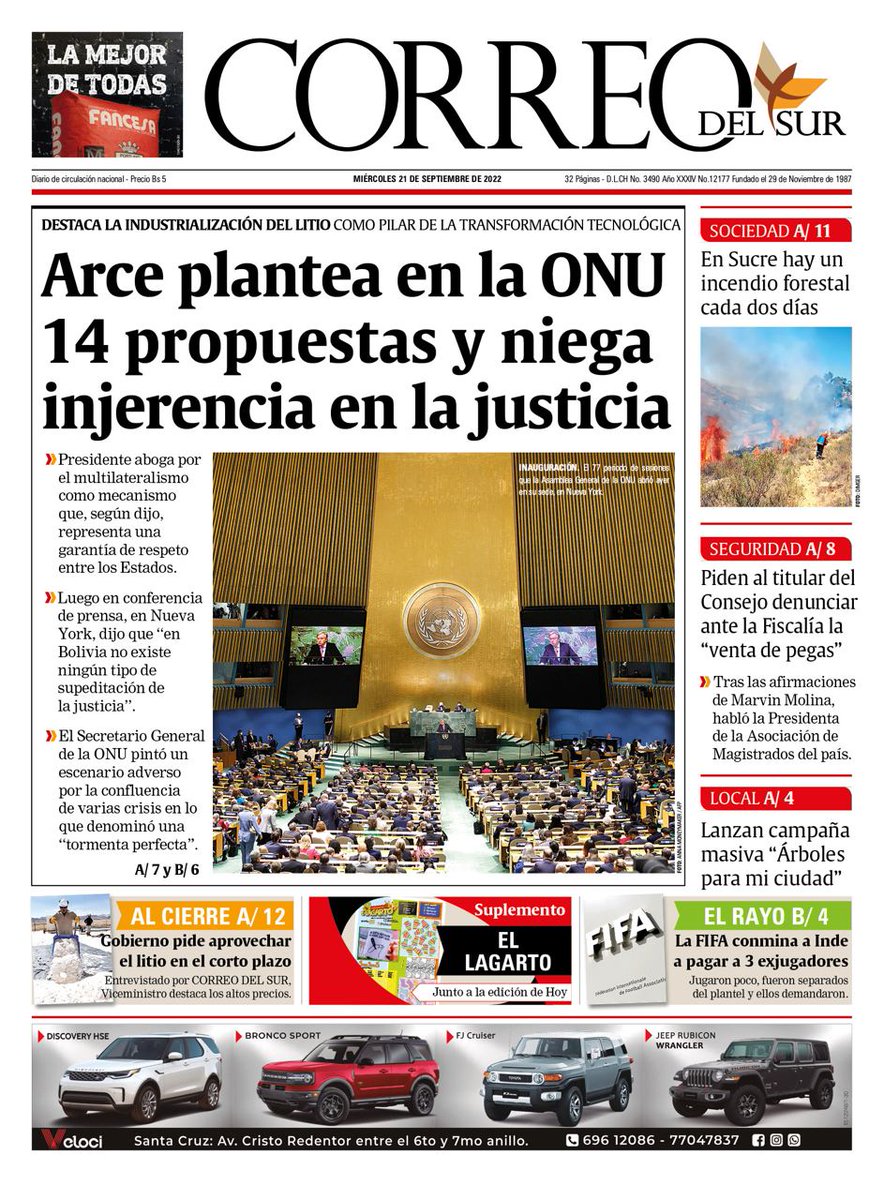 correodelsurcom's tweet photo. Buenos días, estimados seguidores. Les presentamos la #portada de nuestra edición impresa de hoy, miércoles 21 de septiembre de 2022. https://t.co/FKzfeMnVU3