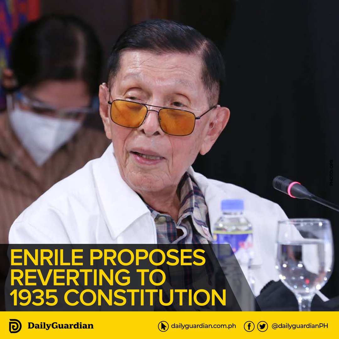 dailyguardianph's tweet photo. Chief presidential legal counsel Juan Ponce Enrile on Wednesday proposed reverting to the 1935 Constitution during a Senate hearing on measures seeking to revise the 1987 Constitution.

https://t.co/t74Ia8U8sH https://t.co/PRRT2ygRMV