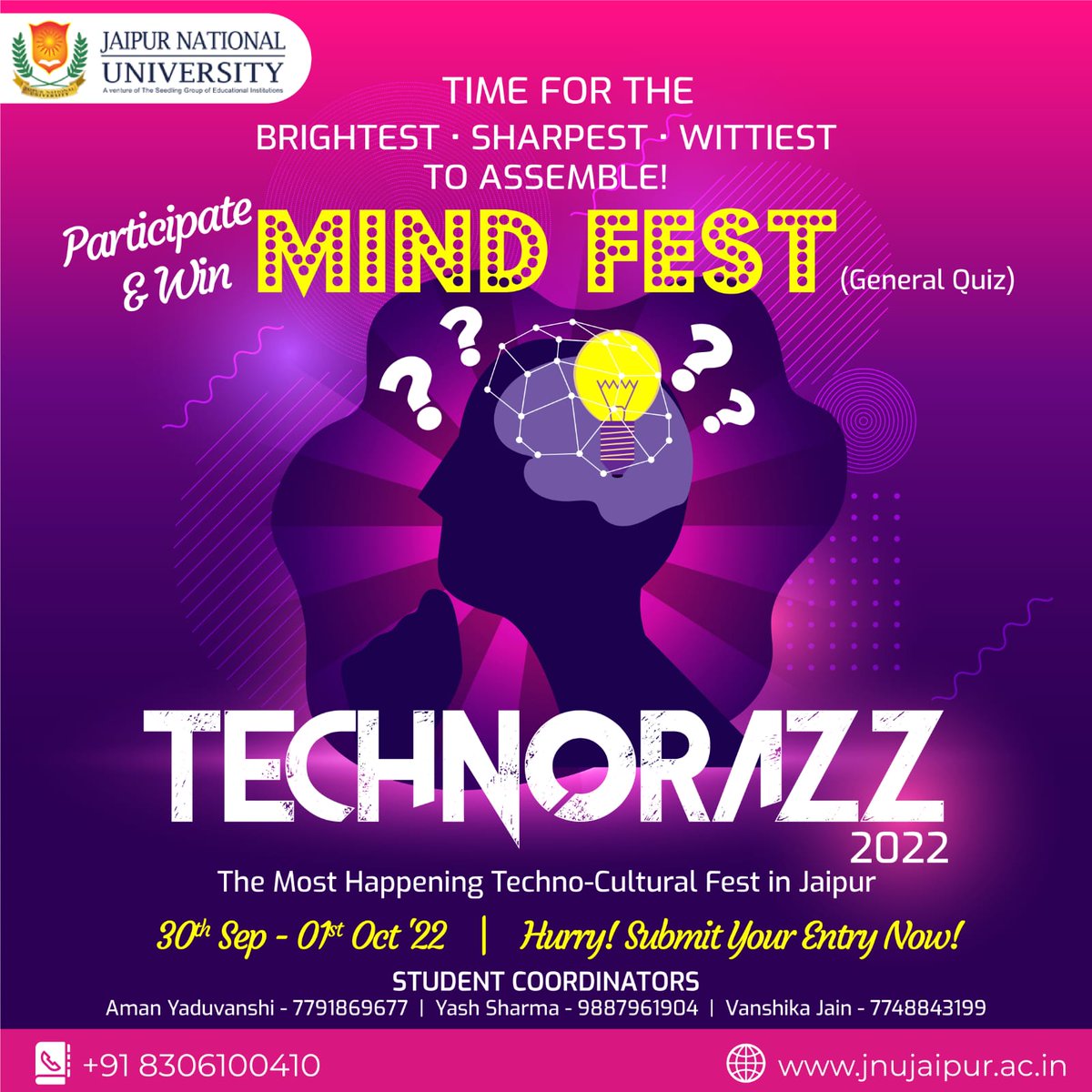 JAIPURJNU's tweet photo. Cracking quiz questions is fun!! Bring out your witty side with Mind Fest at Technorazz. Hurry Up &amp; submit your registrations today!!

#JNU #JaipurNationalUniversity #Campusevent #Technorazz #MindFest https://t.co/wdDLzdqKW2