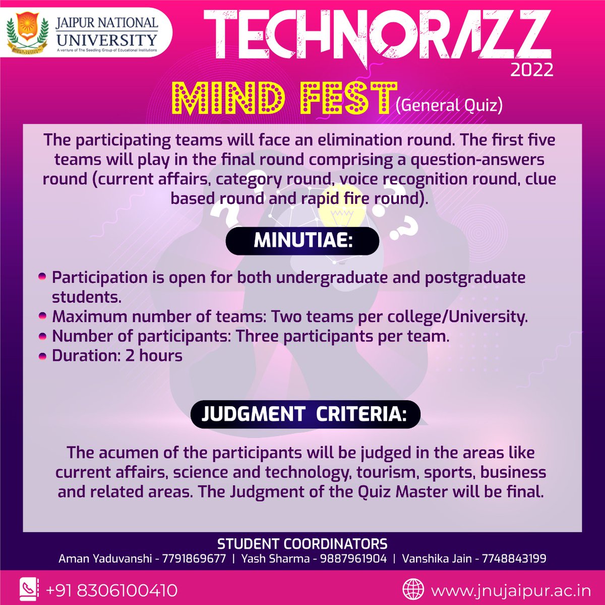 JAIPURJNU's tweet photo. Cracking quiz questions is fun!! Bring out your witty side with Mind Fest at Technorazz. Hurry Up &amp; submit your registrations today!!

#JNU #JaipurNationalUniversity #Campusevent #Technorazz #MindFest https://t.co/wdDLzdqKW2