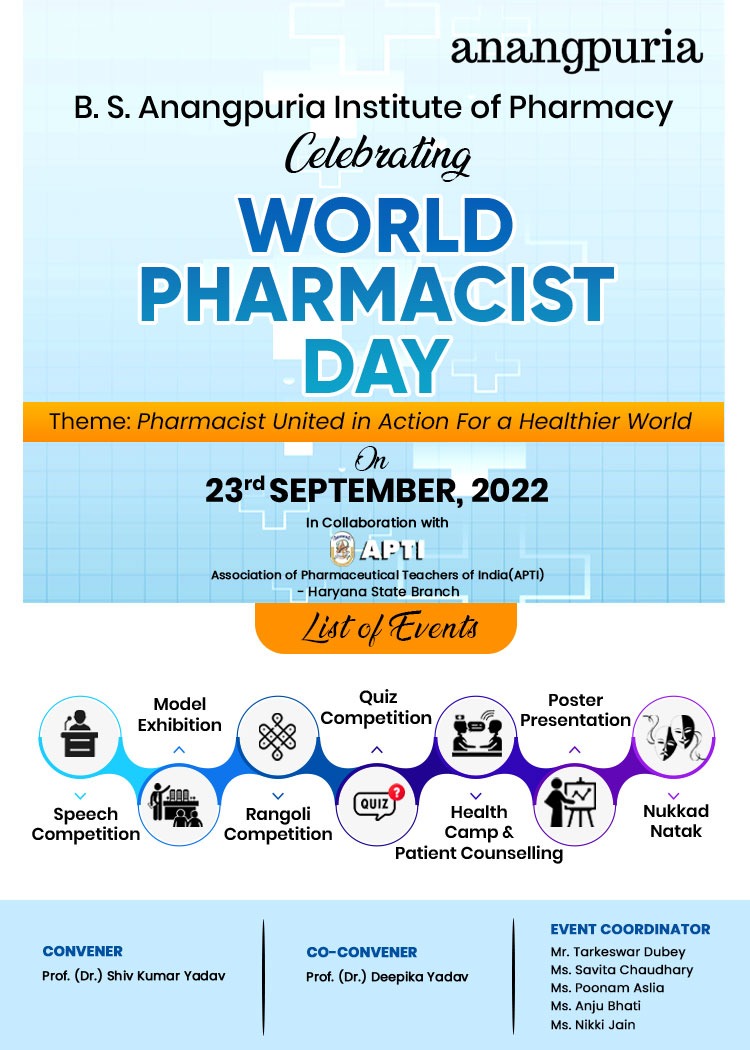 anangpurias's tweet photo. Keeping this in mind, #BSAnangpuriainstituteofpharmacy is celebrating “#WorldPharmacistDay  ” in #Collaboration with #AssociationofPharmaceuticalTeachersofIndia (#APTI)-#Haryana State Branch on 23rd September 2022.

 #BSAIP #bsanangpuria #anangpuria #pharma https://t.co/ILoS6WUn2A