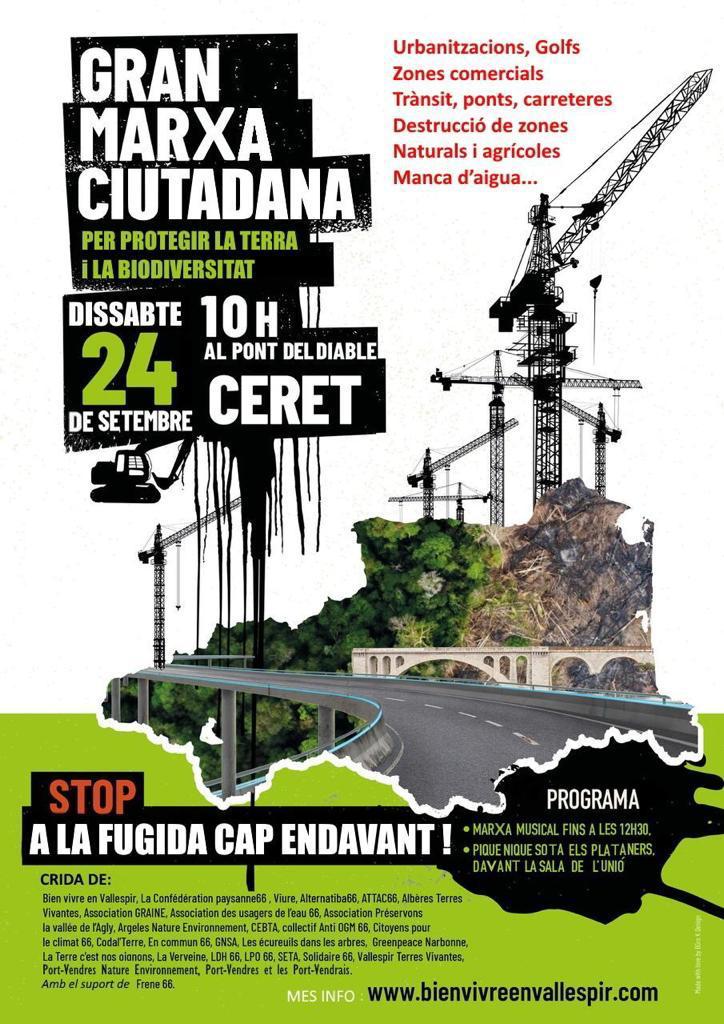 FemCatNord's tweet photo. Aquest dissabte a Ceret el Vallespir diu NO a la destrucció de la nostra terra. Gran marxa ciutadana en defensa de la terra i la bio diversitat a les 10h al Pont del Diable de Ceret! https://t.co/vGrhzbyuuq