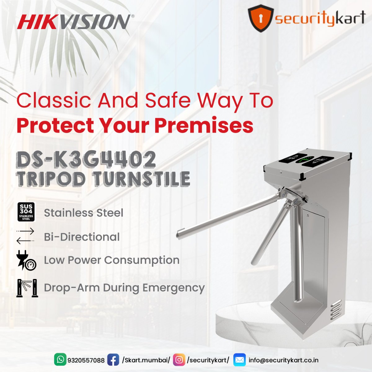 SecurityKart's tweet photo. Classic & Safe Way to Protect Your Premises
DS-K3G4402
TRIPOD TURNSTILE
#securitykart #dsk3g4402 #LEDindicates #Tripodturnstile #turnstile #Tripod #remotecontrol #readers #bidirectional #SUS304 #hikvision #Systems #cctv #securitysystem #camera #accesscontrol #droparm https://t.co/vByLsa2CMF