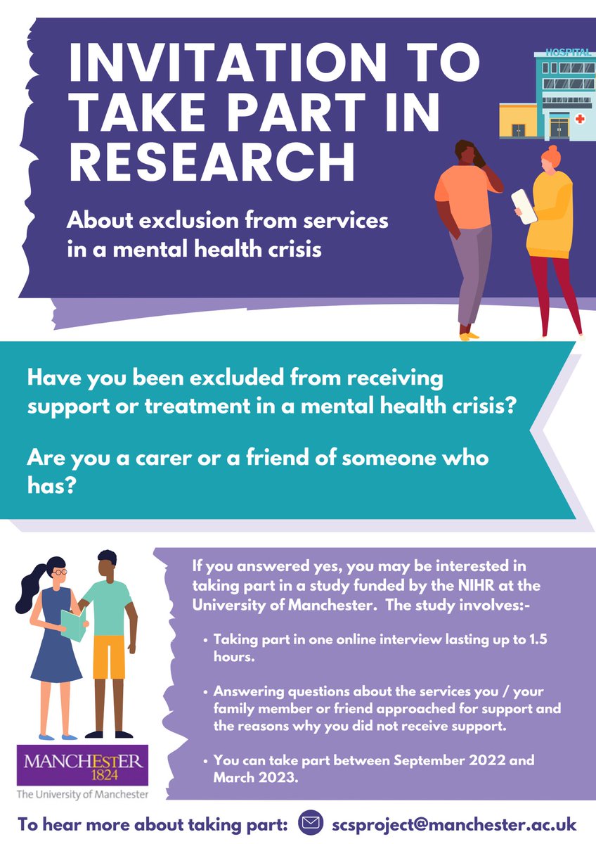 This time with alt text… we are looking for people who have been excluded from services at the point of a mental health crisis, their friends and carers, so take part in some interview research. Pls retweet, get in touch for more info or to take part