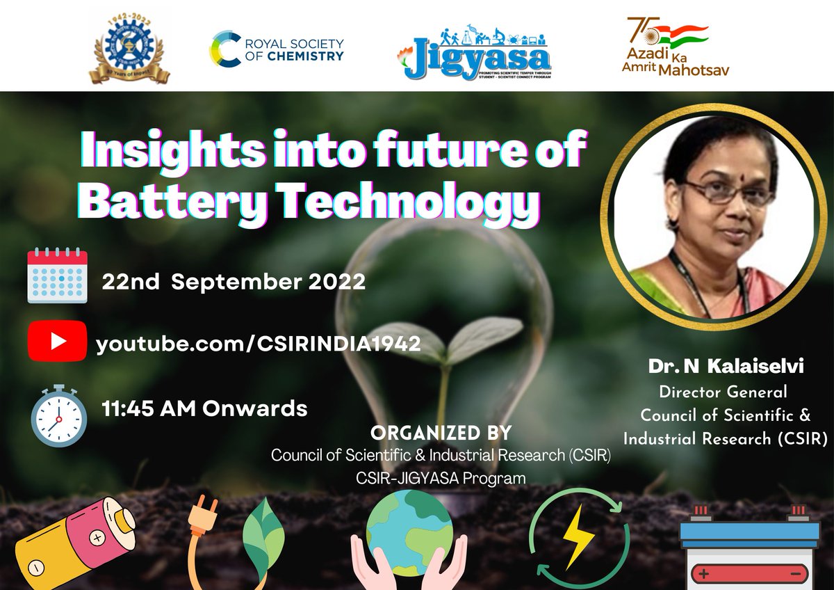 CsirJigyasa's tweet photo. 📣 CSIR JIGYASA POPULAR TALK 
👉Join us for an insightful popular science talk on “Insights into future of battery technology” by Dr. N. Kalaiselvi, #DGCSIR
🗓️22th September 2022
⏰ 11:45 AM – 12:15 PM
🖇️https://t.co/TlXfboNLj2
Venue: @CSIR_NPL 
@dgcsirIndia @CSIR_IND @GVRayasam https://t.co/heHXb87dL0