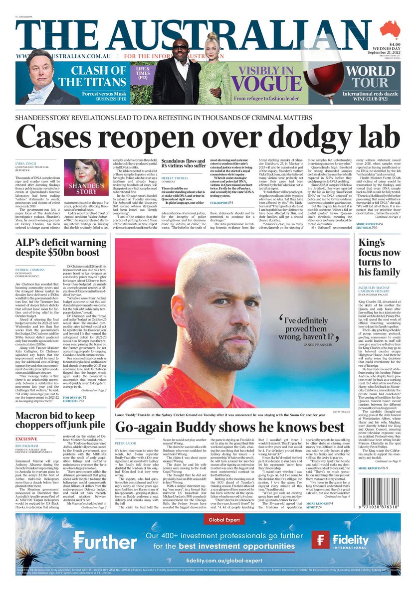 CASES REOPEN OVER DODGY LAB

Thousands of DNA samples from rape and murder cases will be ­retested after findings from a public inquiry revealed scientists at Queensland’s forensic laboratory had been making ­“untrue” statements to courts, prosecutors and victims since 2018.