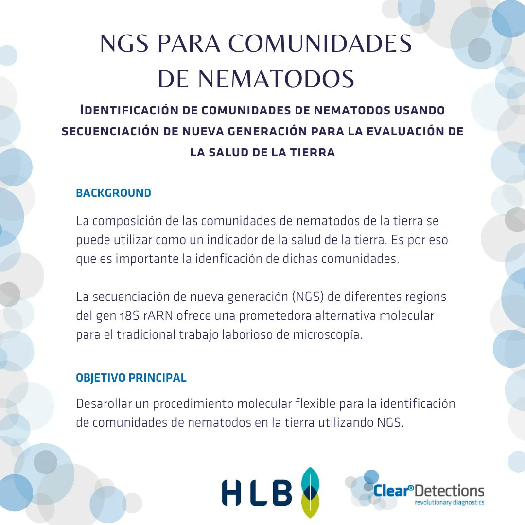 ClearDetection1's tweet photo. **👉🏼 Proyecto 4:** Identificación de comunidades de #nematodos usando #NGS para la evaluación de la salud de la #tierra

🎯 Desarrollar un procedimiento molecular flexible para la identificación de comunidades de nematodos en la tierra utilizando NGS, en colaboración @HLBbv https://t.co/PVUgY7no5q