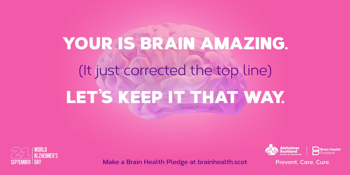 alzscot's tweet image. Our brains are powerful things and it's never too early or too late to think about brain health 🧠

This #WorldAlzheimerDay we challenge you to pledge to make one small change today 👉 brainhealth.scot/pledge

Share your pledges and help inspire others using #MyBrainPledge.