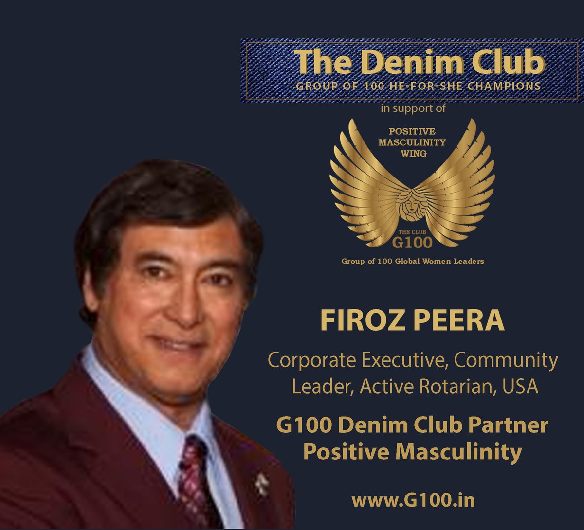 G100wefleaders's tweet photo. On behalf of Dr. Pauline Crawford, G100 Global Chair Positive Masculinity, welcoming for this wing G100 Denim Club partner for &amp; inspiring leader, Firoz Peera, Corporate Executive, Community Leader, Active Rotarian, USA.  #G100denimclub #HeForShe  @paulinecrawford https://t.co/K0eVXLr5MU