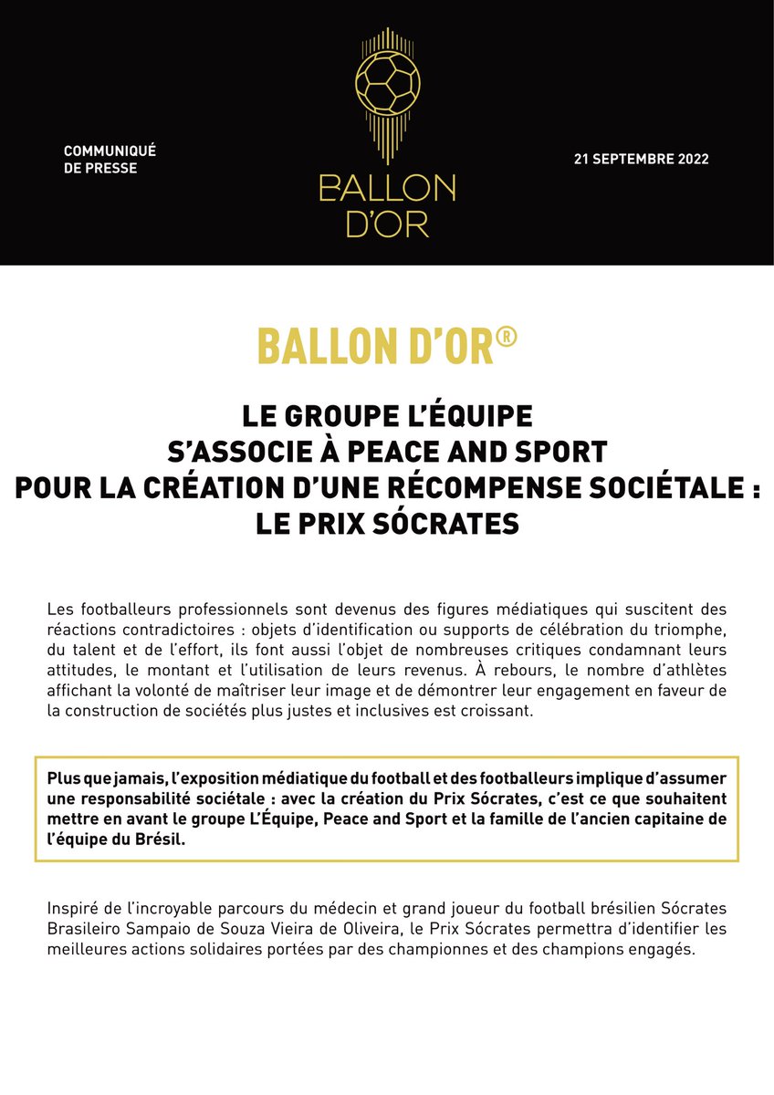 lequipe_pro's tweet photo. «L’exposition médiatique du football et des footballeurs implique d’assumer une responsabilité sociétale: avec la création du Prix Sócrates, c’est ce que souhaitent mettre en avant le groupe @lequipe, @peaceandsport et la famille de l’ancien capitaine du Brésil»

Le communiqué ⤵️ https://t.co/pTr3HMft6S