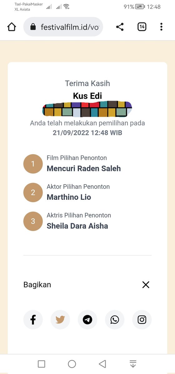 Saya sudah berpartisipasi dalam Festival Film Indonesia 2022.

Kamu juga bisa ikutan!
Pilih nama aktor/aktris dan judul film favorit kalian melalui link berikut.
Klik: festivalfilm.id/vote

Yuk, tentukan pilihanmu sekarang! festivalfilm.id/vote