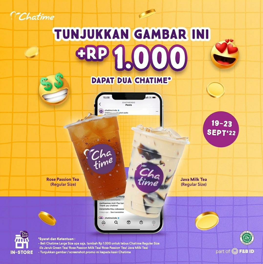 CHATIME. TAMBAH SERIBU kamu udah bisa dapetin minuman Chatime loh besTEAA 🤩

Berlaku 19-23 September 2022 dengan datang langsung ke gerai Chatime. So Jangan lupa SCREENSHOOT promo ini &amp; tukarkan langsung di Chatime Malioboro Mall ya!! 💜

#MalioboroMall #promojogja #Chatime