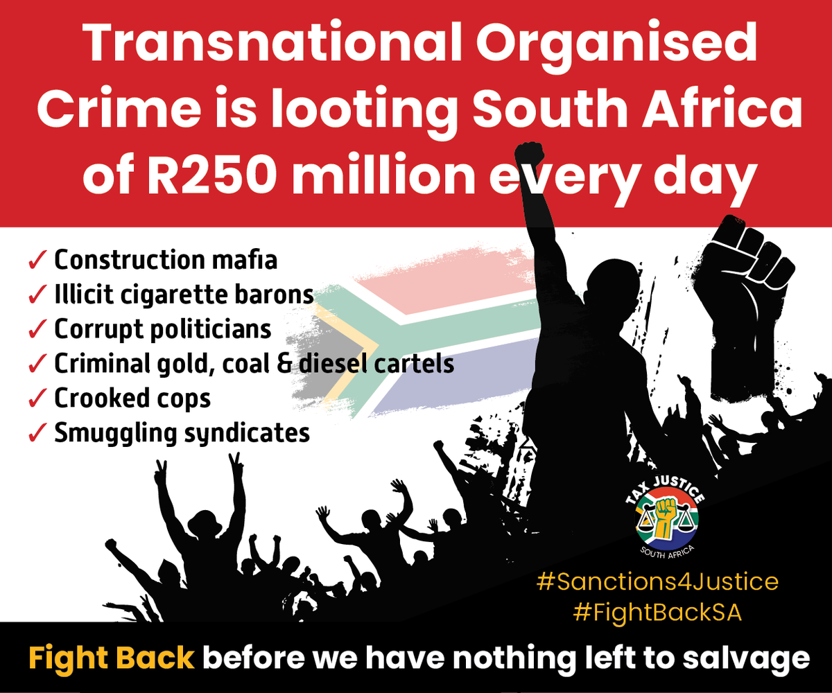 TaxJustice_SA's tweet photo. Save SA from the sophisticated organised crime networks who are stealing our future. #LockThemUp #FightBackSA #Sanctions4Justice @sarstax @SAPoliceService @PresidencyZA  https://t.co/mi2wjNiIDu https://t.co/73BRf0zNcF