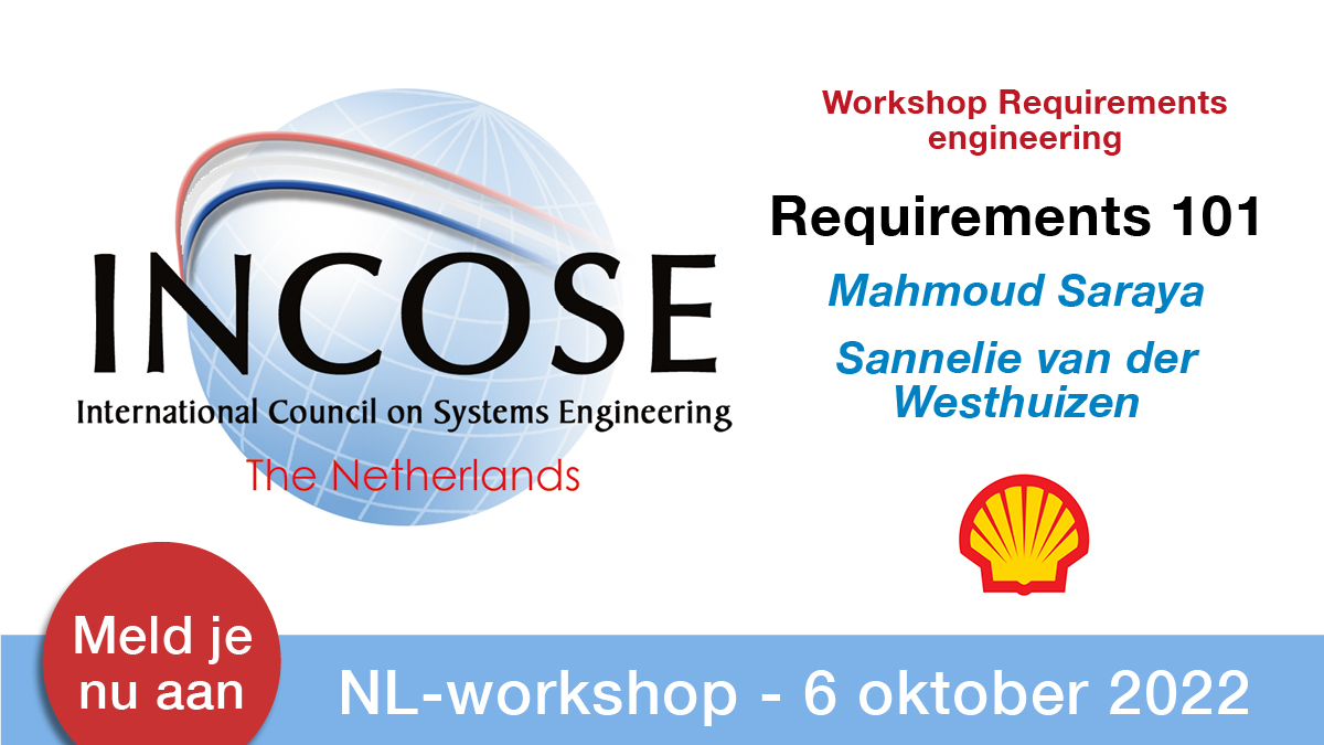 INCOSE_NL's tweet photo. Heb je de INCOSE-NL Workshop al in je agenda genoteerd? 📅6 oktober. Met 2 keynotes en keuze uit 9 workshops over systems engineering. Workshop van @Shell Nederland gaat over het schrijven van requirements. Meld je op tijd aan, want vol=vol! https://t.co/L3b2ChHmH6
#IncoseNL https://t.co/R6JK4SQqXI