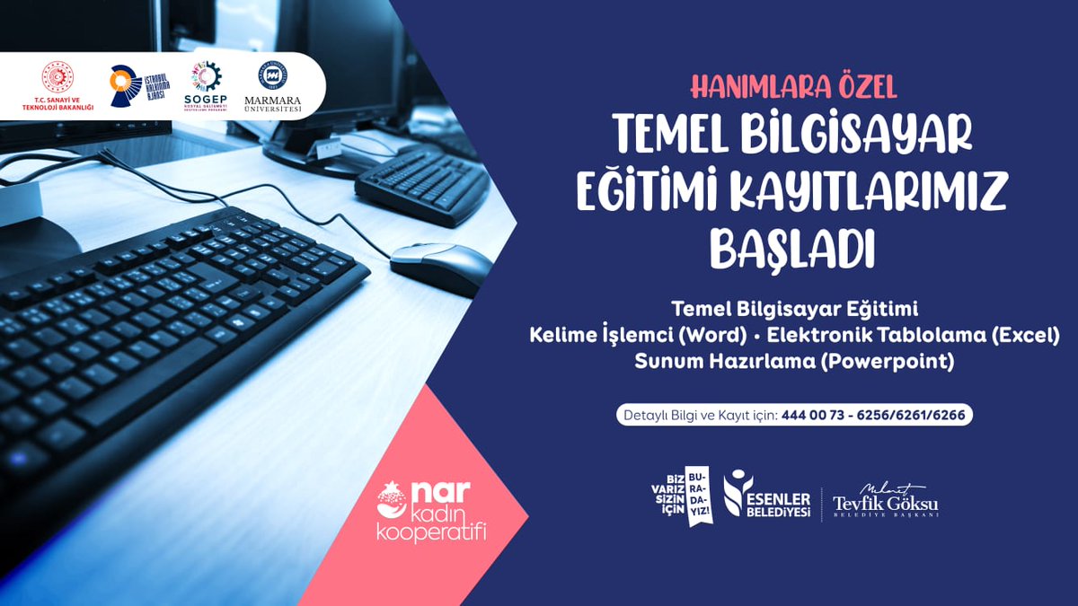 Temel Bilgisayar Eğitimiyle Esenlerli hanımlarımızın kişisel gelişimlerine ve bilgisayar kullanım becerilerini geliştirmelerine katkıda bulunuyoruz. Detaylı bilgi için lütfen 4440073 numaralı telefondan ulaşabilirsiniz.
